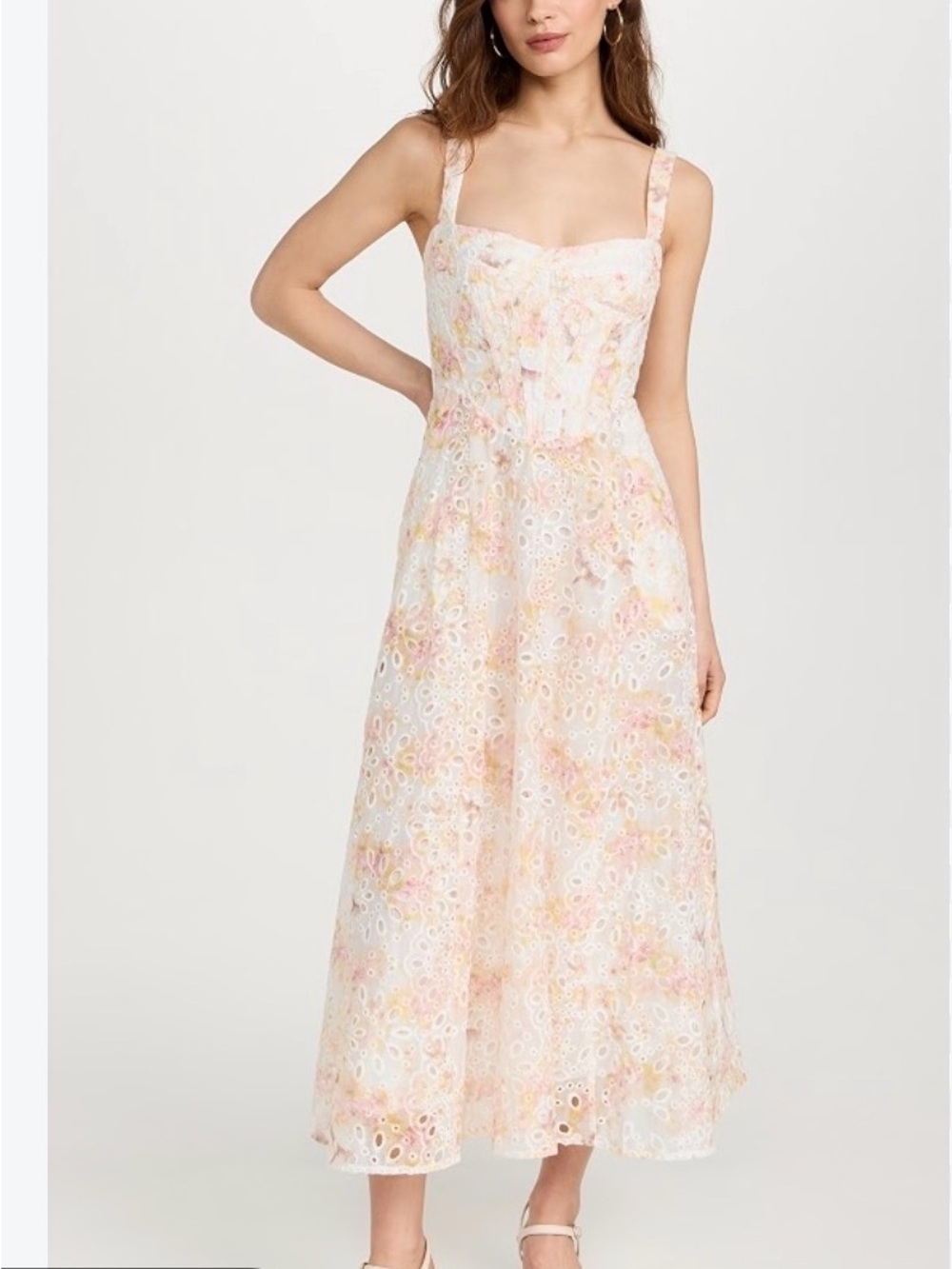Bardot Floral Eyelet Midi Dress - Pink Multi